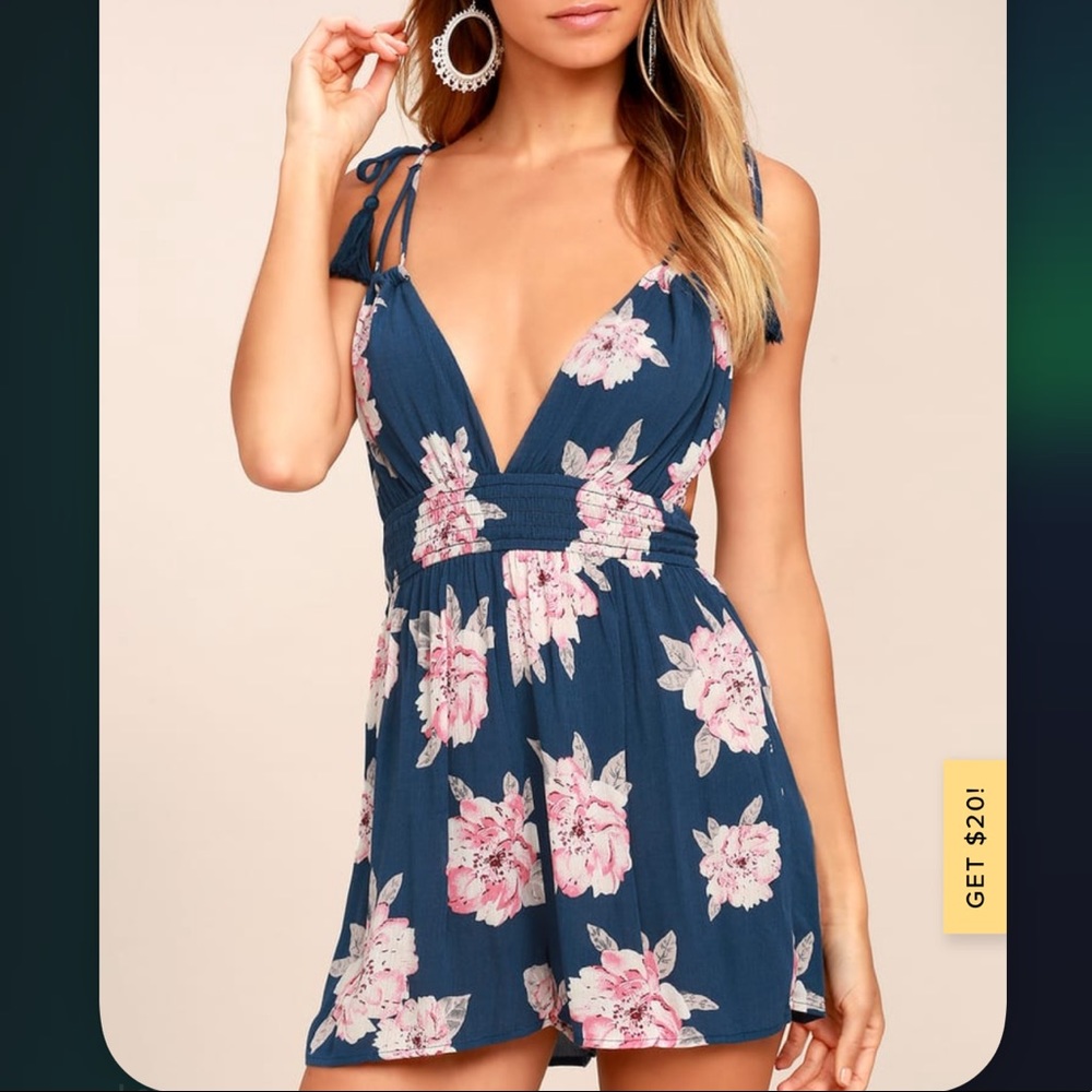 We Found Love Denim Blue Floral Print Romper